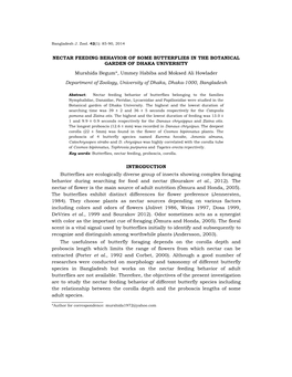 Nectar Feeding Behavior of Some Butterflies in the Botanical Garden of Dhaka University