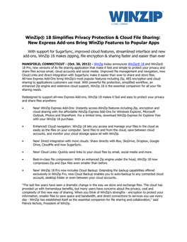 Winzip® 18 Simplifies Privacy Protection & Cloud File Sharing: New Express Add-Ons Bring Winzip Features to Popular Apps