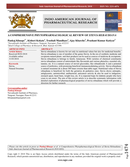 A Comprehensive Phytopharmacological Review of Stevia Rebaudiana