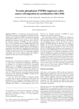 Tyrosine Phosphatase PTPRD Suppresses Colon Cancer Cell Migration in Coordination with CD44