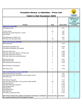 Meridien Diving Prices RETAIL 2013