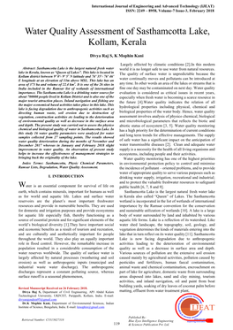 Water Quality Assessment of Sasthamcotta Lake, Kollam, Kerala