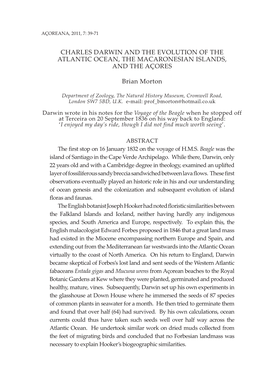 Charles Darwin and the Evolution of the Atlantic Ocean, the Macaronesian Islands, and the Açores