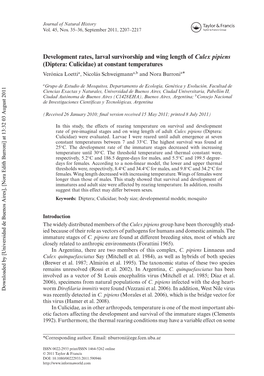 Development Rates, Larval Survivorship and Wing Length of Culex Pipiens