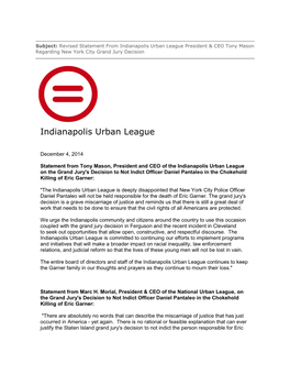 Indianapolis Urban League President & CEO Tony Mason Regarding New York City Grand Jury Decision