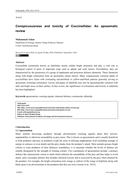 Conspicuousness and Toxicity of Coccinellidae: an Aposematic Review