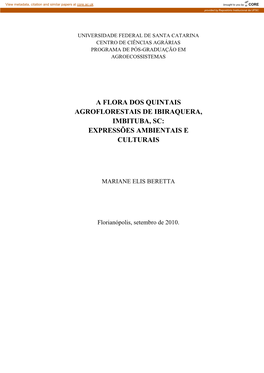 A Flora Dos Quintais Agroflorestais De Ibiraquera, Imbituba, Sc: Expressões Ambientais E Culturais