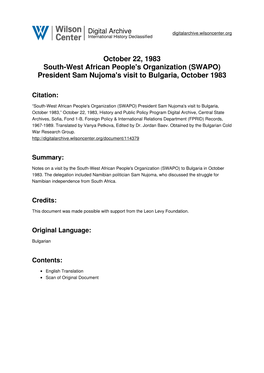 (SWAPO) President Sam Nujoma's Visit to Bulgaria, October 1983