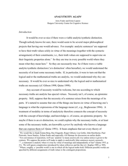 ANALYTICITY AGAIN1 Jerry Fodor and Ernie Lepore Rutgers University Center for Cognitive Science