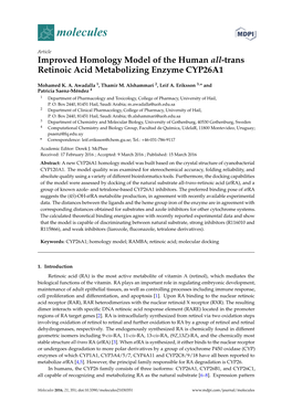 Improved Homology Model of the Human All-Trans Retinoic Acid Metabolizing Enzyme CYP26A1