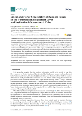 Linear and Fisher Separability of Random Points in the D-Dimensional Spherical Layer and Inside the D-Dimensional Cube