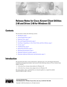 Release Notes for Cisco Aironet Client Utilities 2.40 and Driver 2.40 for Windows CE