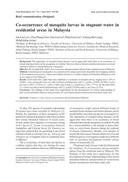 Co-Occurrence of Mosquito Larvae in Stagnant Water in Residential Areas in Malaysia