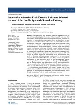 Momordica Balsamina Fruit Extracts Enhances Selected Aspects of the Insulin Synthesis/Secretion Pathway