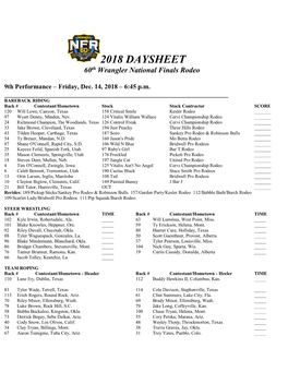 2018 DAYSHEET 60Th Wrangler National Finals Rodeo