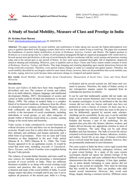 A Study of Social Mobility, Measure of Class and Prestige in India