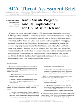 Iran's Missile Program and Its Implications for U.S. Missile Defense