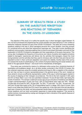 Summary of Results from a Study on the Subjective Perception and Reactions of Teenagers in the Covid-19 Lockdown