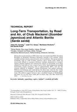 Longterm Transportation, by Road and Air, of Chub Mackerel (Scomber Japonicus) and Atlantic Bonito (Sarda Sarda)