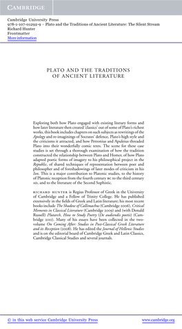 Plato and the Traditions of Ancient Literature: the Silent Stream Richard Hunter Frontmatter More Information