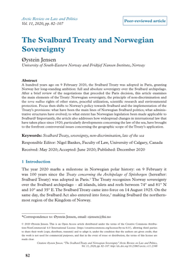 The Svalbard Treaty and Norwegian Sovereignty Øystein Jensen University of South-Eastern Norway and Fridtjof Nansen Institute, Norway