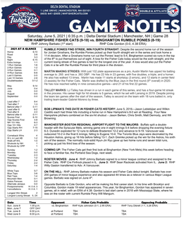 Saturday, June 5, 2021 | 6:35 P.M. | Delta Dental Stadium | Manchester, NH | Game 28 NEW HAMPSHIRE FISHER CATS (9-18) Vs