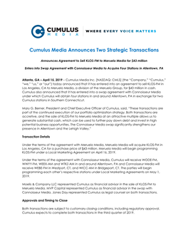 Cumulus Media Announces Two Strategic Transactions
