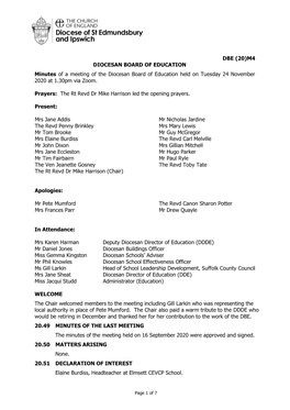 DBE (20)M4 DIOCESAN BOARD of EDUCATION Minutes of a Meeting of the Diocesan Board of Education Held on Tuesday 24 November 2020 at 1.30Pm Via Zoom