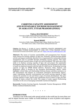 Carrying Capacity Assessment and Sustainable Tourism Management in Agra City, Uttar Pradesh (India)