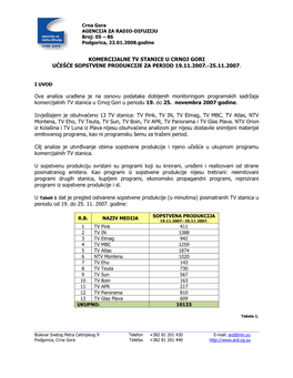 Komercijalne Tv Stanice U Crnoj Gori Učešće Sopstvene Produkcije Za Period 19.11.2007.-25.11.2007