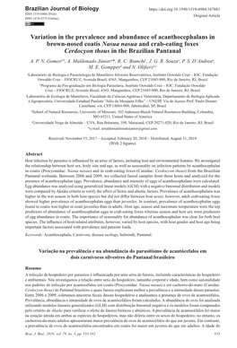 Variation in the Prevalence and Abundance of Acanthocephalans in Brown-Nosed Coatis Nasua Nasua and Crab-Eating Foxes Cerdocyon Thous in the Brazilian Pantanal A