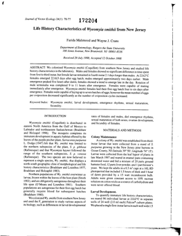 Life History Characteristics of Wyeomyia Smithii from New Jersey