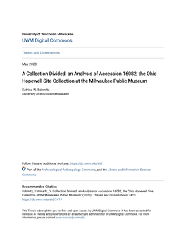 An Analysis of Accession 16082, the Ohio Hopewell Site Collection at the Milwaukee Public Museum