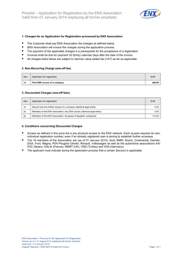 Pricelist – Application for Registration by the ENX Association Valid from 01 January 2014 (Replacing All Former Pricelists)