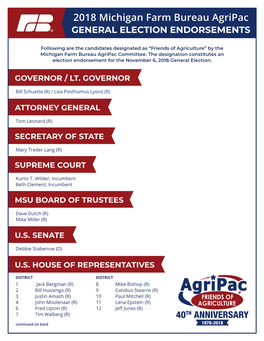 2018 Michigan Farm Bureau Agripac GENERAL ELECTION ENDORSEMENTS
