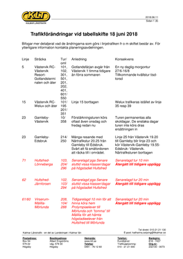 Trafikförändringar Vid Tabellskifte 18 Juni 2018