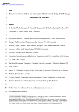 1 Title: 1 Evidence for Extreme Floods in Arid Subtropical Northwest Australia During the Little Ice Age 2 Chronozone (CE 1400