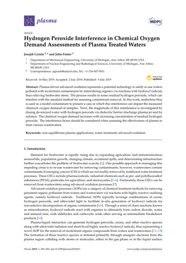 Hydrogen Peroxide Interference in Chemical Oxygen Demand Assessments of Plasma Treated Waters