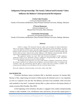 Indigenous Entrepreneurship: the Social, Cultural and Economic Values Influence the Balinese’S Entrepreneurial Development