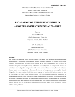 Escalation of Entrepreneurship in Assorted Segments in Indian Market