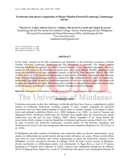 Freshwater Fish Species Composition of Mount Timolan Protected Landscape, Zamboanga Del Sur