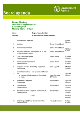 Board Meeting Tuesday 19 September 2017 Board Only 9Am Meeting 10Am – 3.40Pm