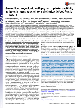 Generalized Myoclonic Epilepsy with Photosensitivity in Juvenile Dogs Caused by a Defective DIRAS Family Gtpase 1