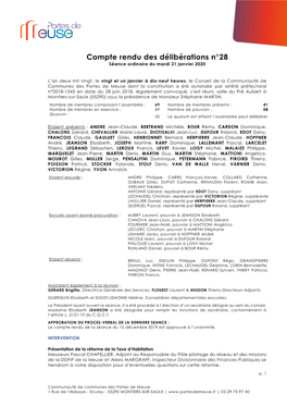 Compte Rendu Des Délibérations N°28 Séance Ordinaire Du Mardi 21 Janvier 2020