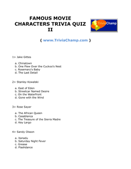 Famous Movie Characters Trivia Quiz Ii