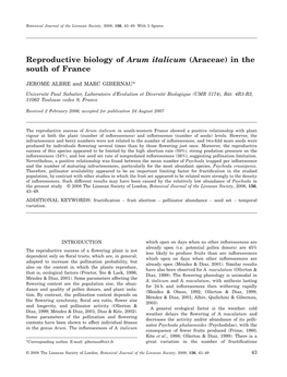 Reproductive Biology of Arum Italicum (Araceae) in the South of France