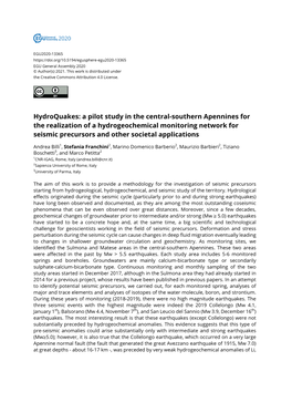 A Pilot Study in the Central-Southern Apennines for the Realization of a Hydrogeochemical Monitoring Network for Seismic Precursors and Other Societal Applications