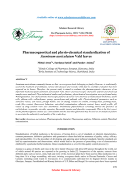 Pharmacognostical and Physio-Chemical Standardization of Jasminum Auriculatum Vahl Leaves