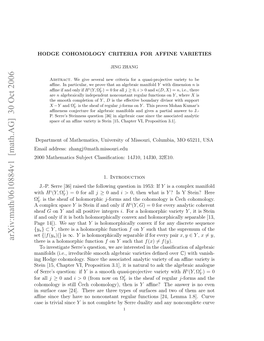 Arxiv:Math/0610884V1 [Math.AG] 30 Oct 2006 with 00Mteaissbetcasﬁain 41,1J0 32E10