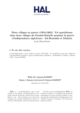 Vie Quotidienne Dans Deux Villages De Grande-Kabylie Pendant La Guerre D’Indépendance Algérienne : Aït-Bouadda Et Moknéa Lydia Hadj-Ahmed